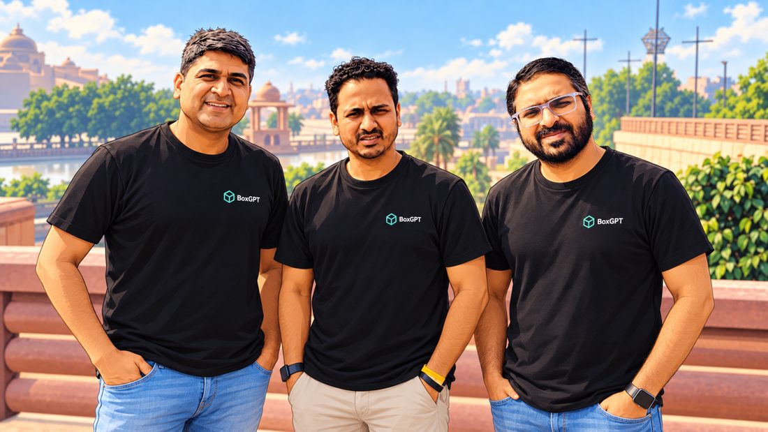 The three Box GPT founders standing together in black Box GPT t-shirts